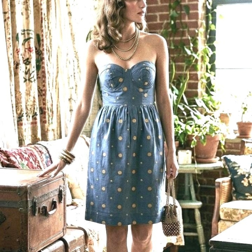 Floreat Anthropologie Women Sz 4 Strapless Bustier Cotton Dress Pocket Embroider